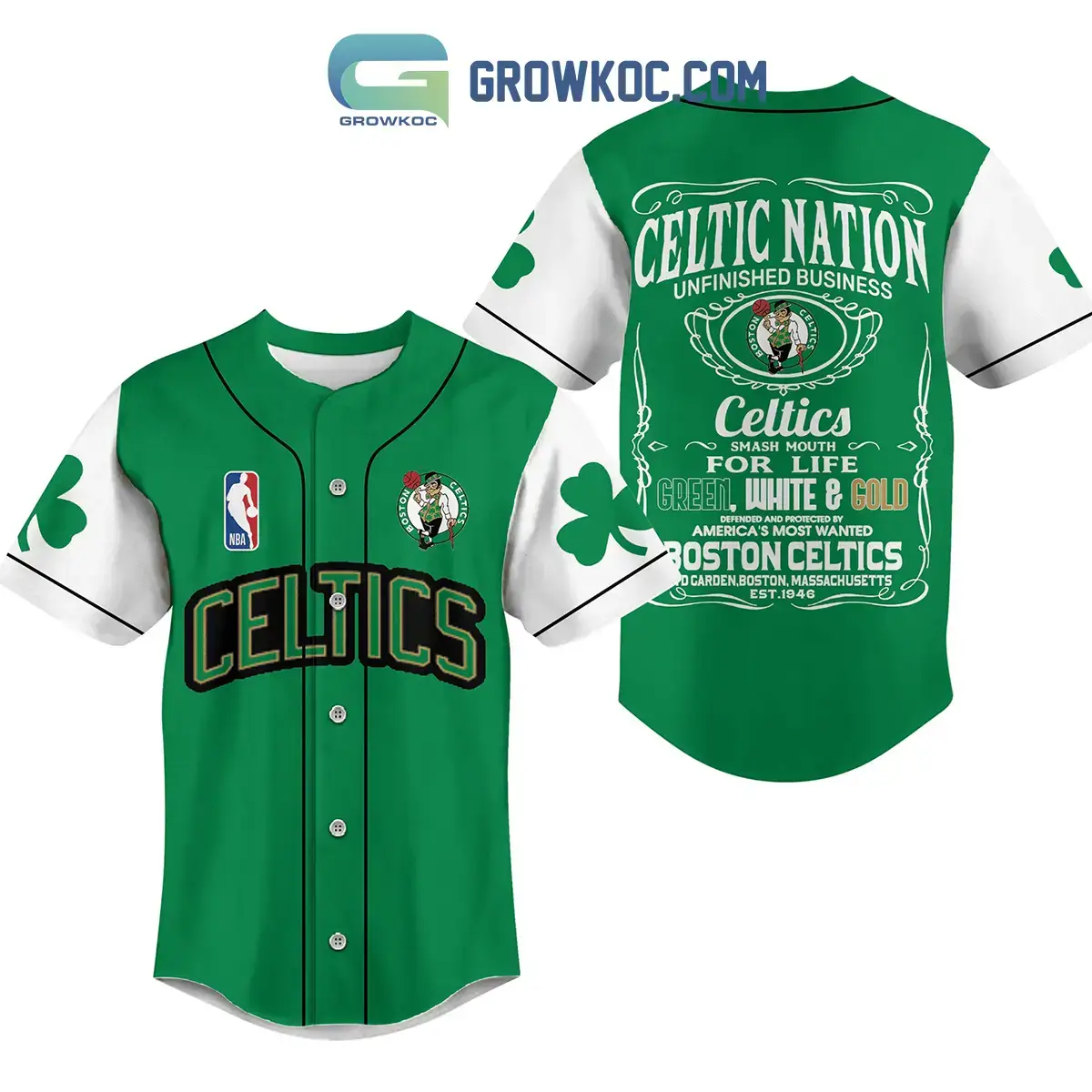 Boston Celtics Unfinished Business Shamrocks Baseball Jersey Image
