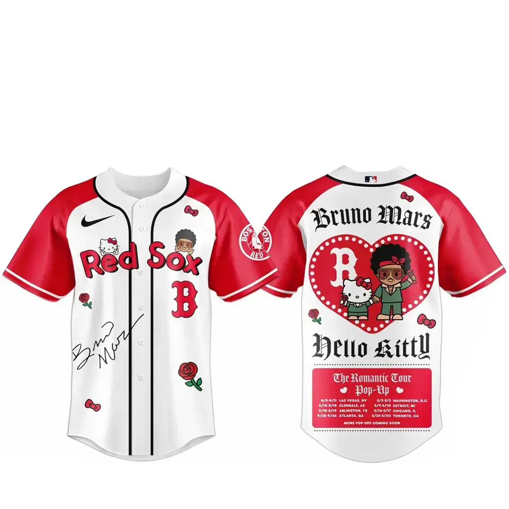 Boston Red Sox Bruno Mars x Hello Kitty 2026 The Romantic Tour Baseball Jersey Image