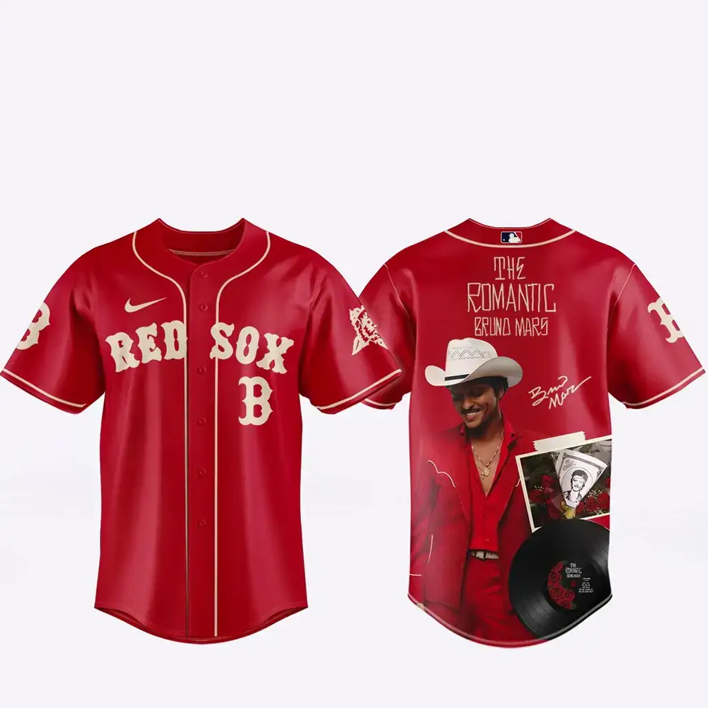 Boston Red Sox x Bruno Mars The Romantic Tour 2026 Red Baseball Jersey Image