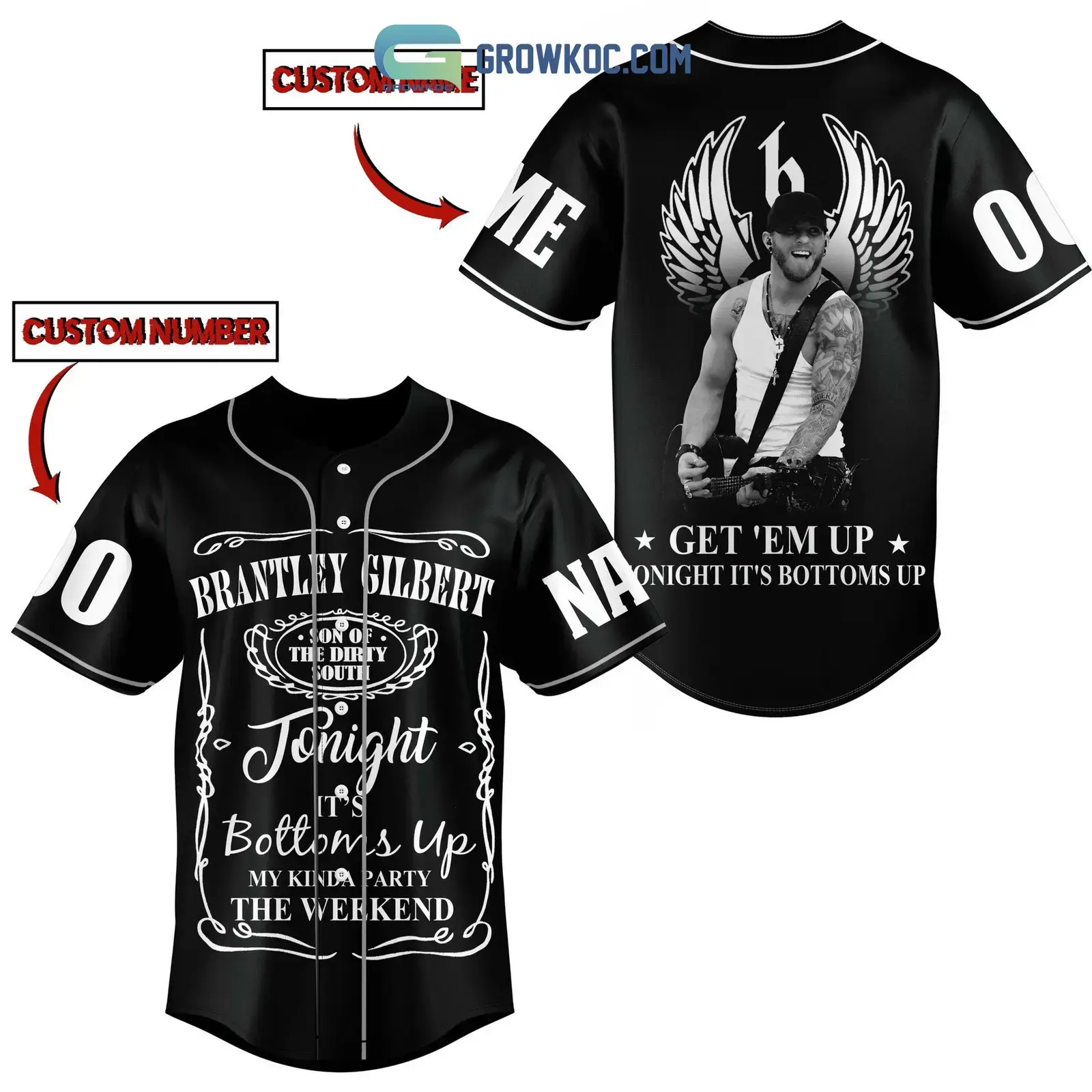 Brantley Gilbert Get'em Up Tonight It's Bottoms Up Personalized Baseball Jersey Image