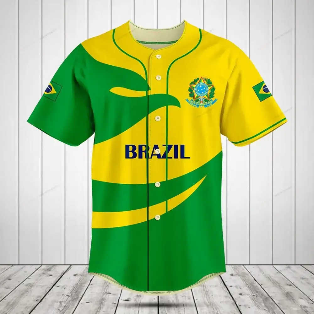 Brazil Flag Baseball Jersey - Vibrant Green & Yellow Sportswear For Fans Image