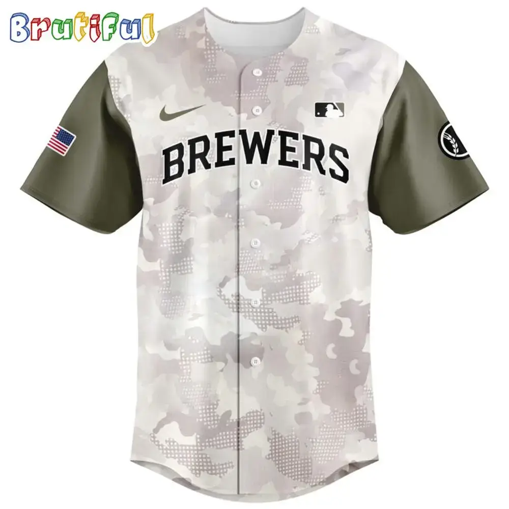 Brewers Camo Baseball Jersey - Stylish Military Edition With Usa Flag Patch - Perfect For Fans! Image