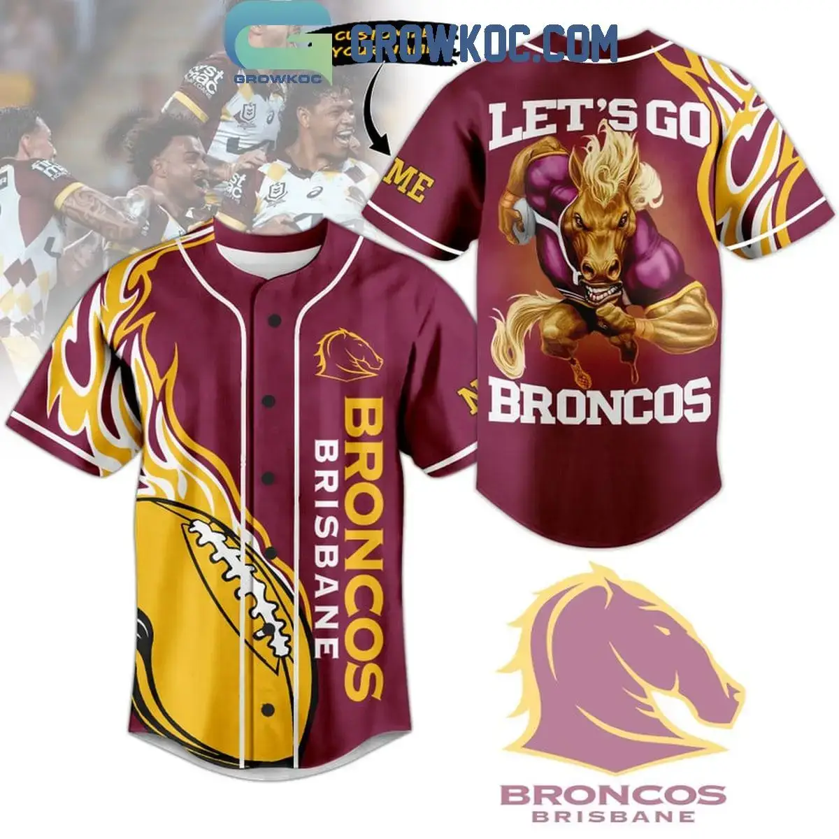 Brisbane Broncos Let's Go Broncos Flames Personalized Baseball Jersey Image