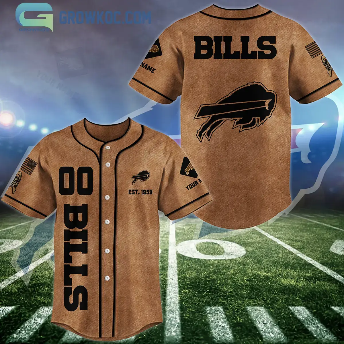 Buffalo Bills Brown American Flag Personalized Baseball Jersey Image