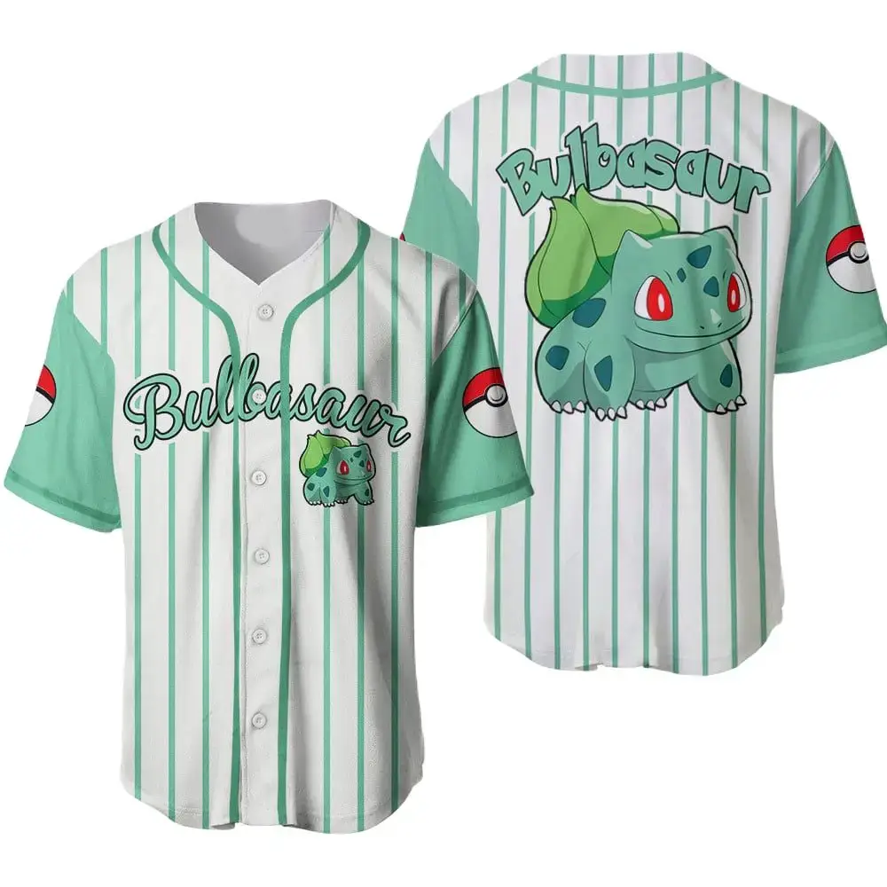 Bulbasaur Baseball Jersey - Stylish Green Striped Anime Fan Shirt For Kids & Adults Image