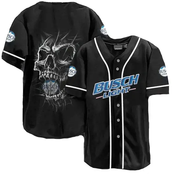 Busch Light Skull Graphic Baseball Jersey - Cool Black Sportswear For Fans Image