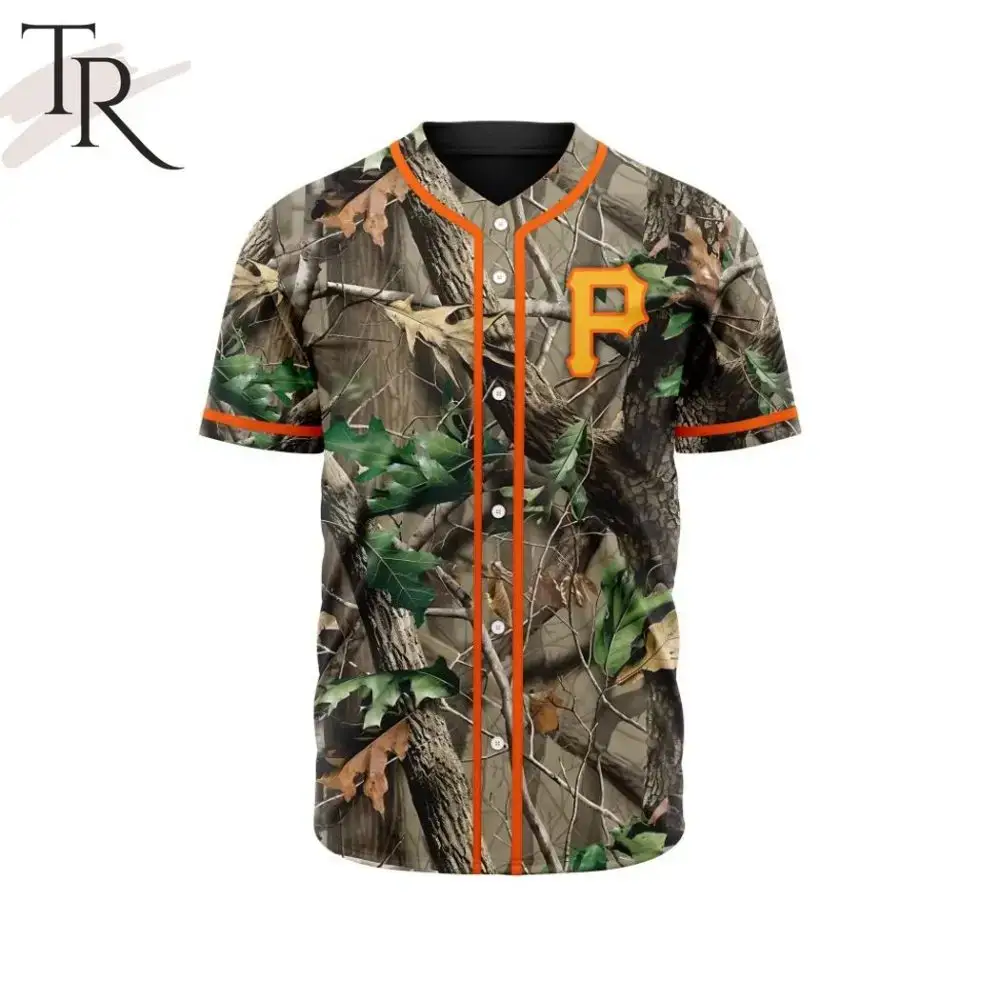 Camouflage Baseball Jersey With Orange Trim - Perfect For Outdoor Enthusiasts & Sports Fans Image