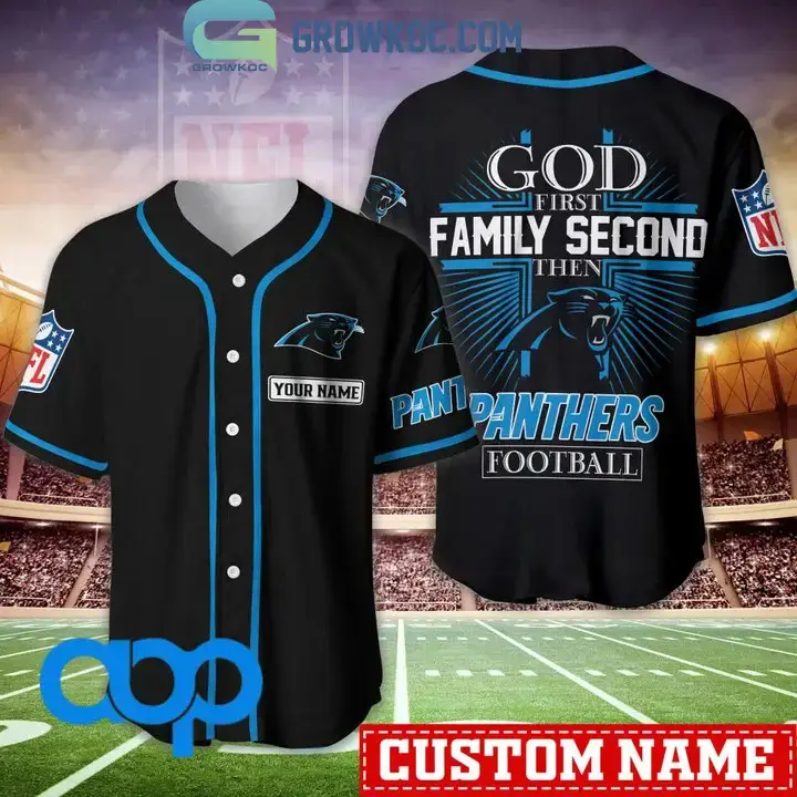 Carolina Panthers NFL Personalized God First Family Second Baseball Jersey Image