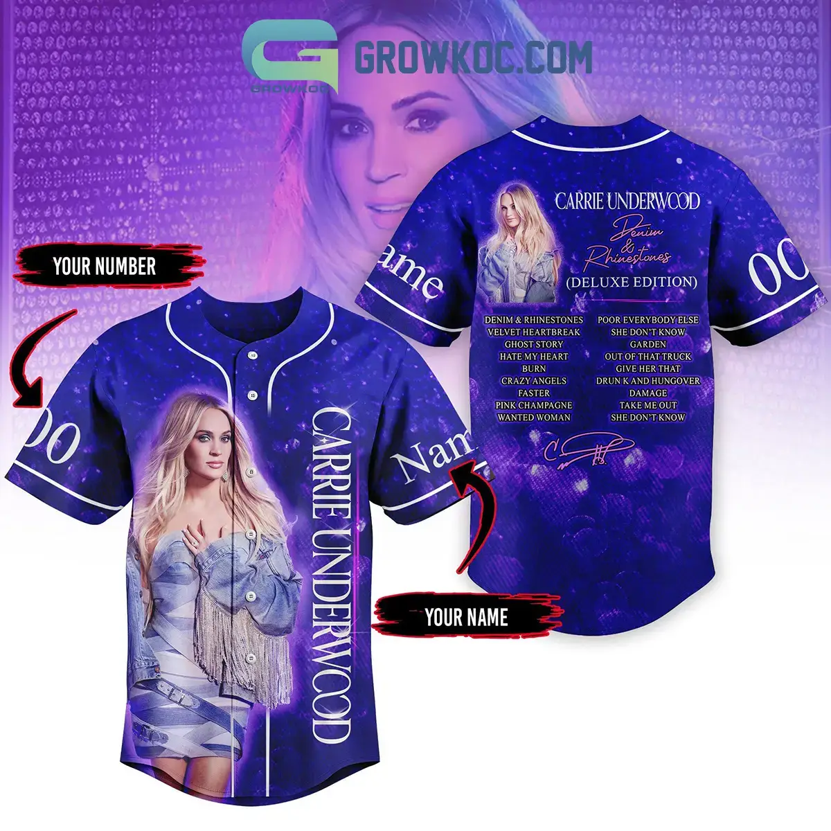 Carrie Underwood Denim & Rhinestones Personalized Baseball Jersey Image