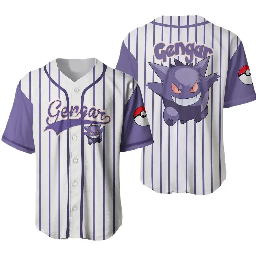 Catch 'Em All: Gengar Striped Baseball Jersey – Perfect For Pokémon Fans! Image
