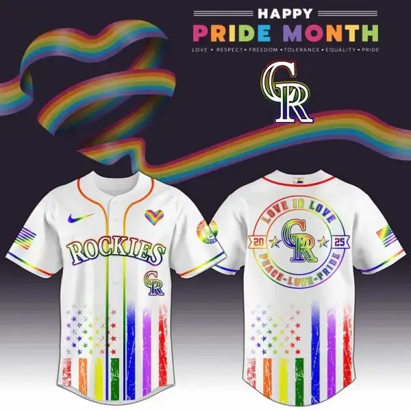 Celebrate Pride: Rockies Rainbow Baseball Jersey – Love, Peace, Equality Design Image