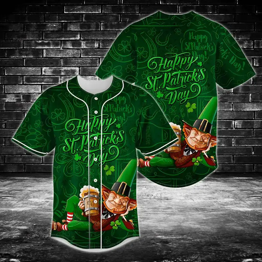 Celebrate St. Patrick'S Day In Style – Green Shamrock Leprechaun Baseball Jersey Image