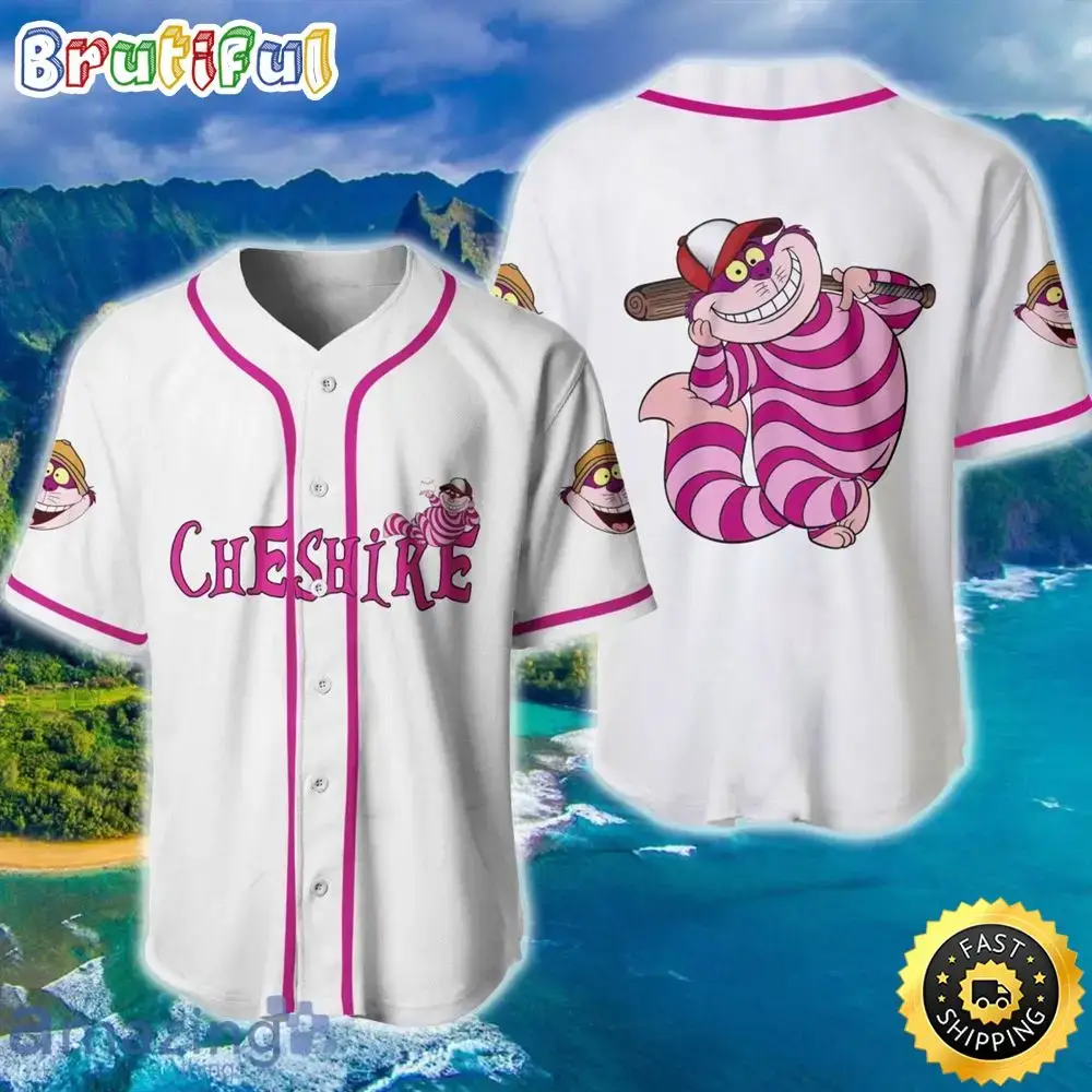 Chesire Cat Alice In Wonderland White Pink Disney Baseball Jersey Shirt Image