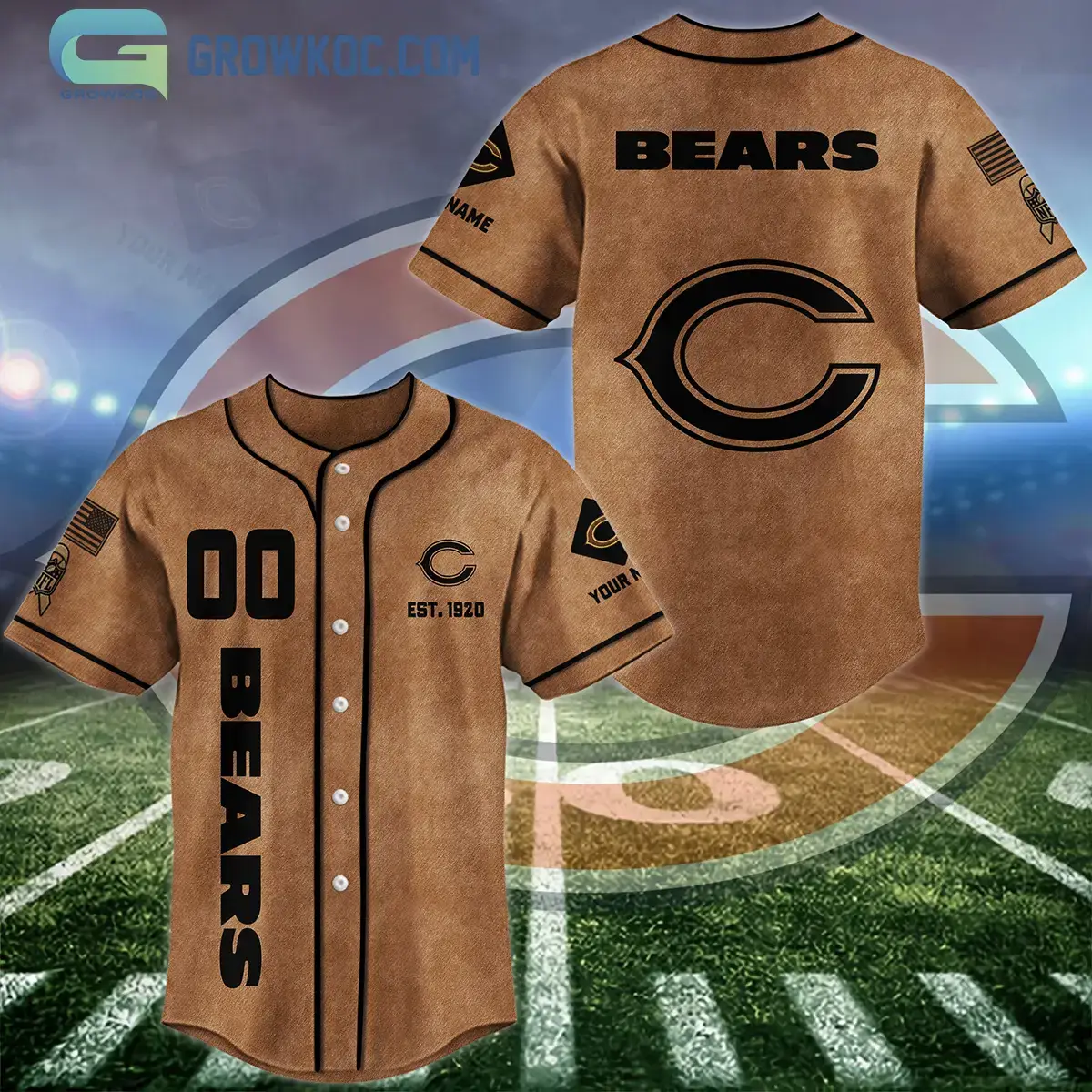 Chicago Bears Brown American Flag Personalized Baseball Jersey Image