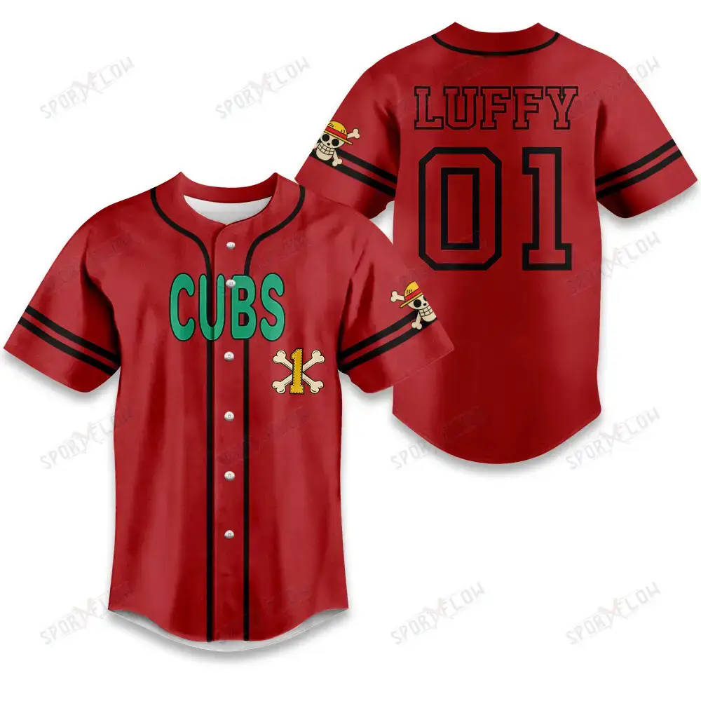 Chicago Cubs X One Piece Yellow Straw Hat Skull On Red Baseball Jersey Image
