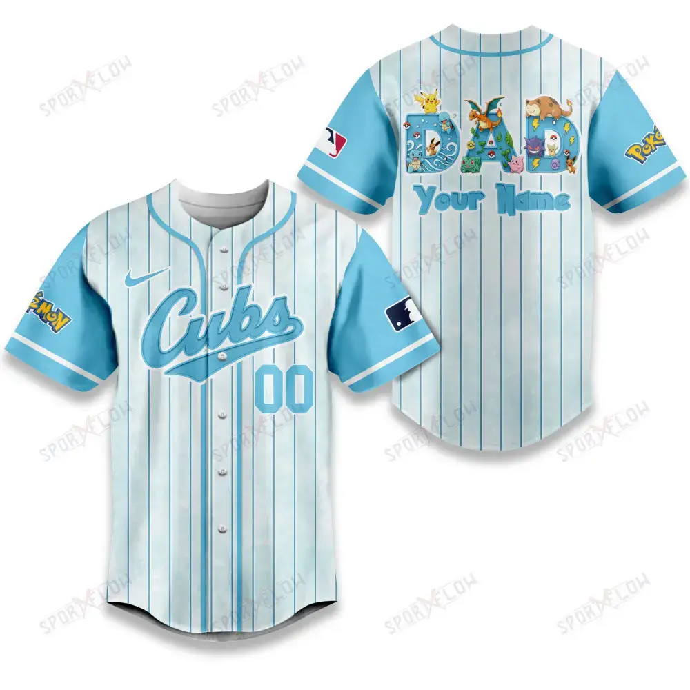 Chicago Cubs X Pokemon Dad Pastel Blue Baseball Jersey Image