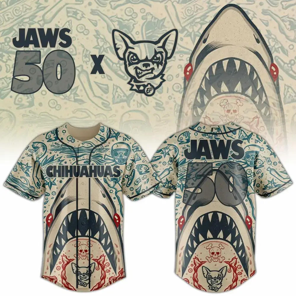 Chihuahua Jaws Themed Baseball Jersey - Unique Shark Design, Perfect For Pet Lovers! Image