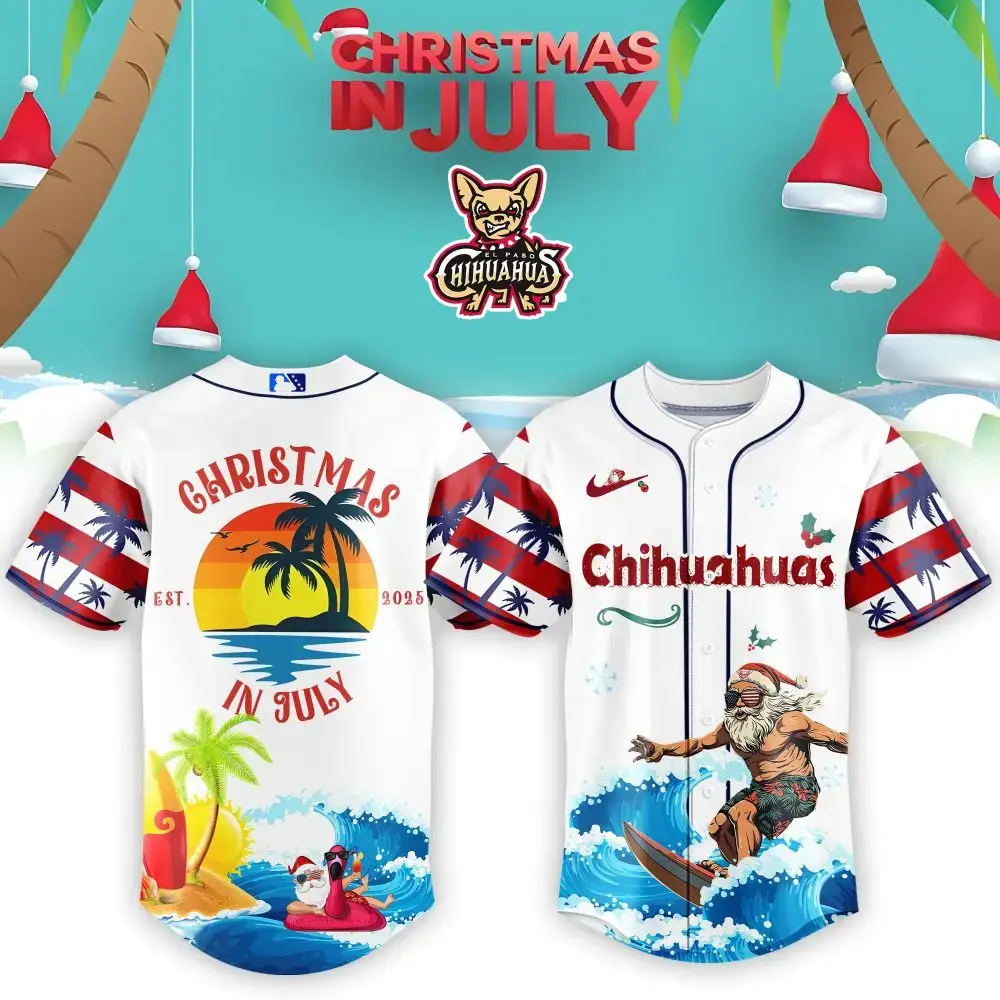 Chihuahuas Christmas In July Baseball Jersey - Festive Summer Beach Design Image