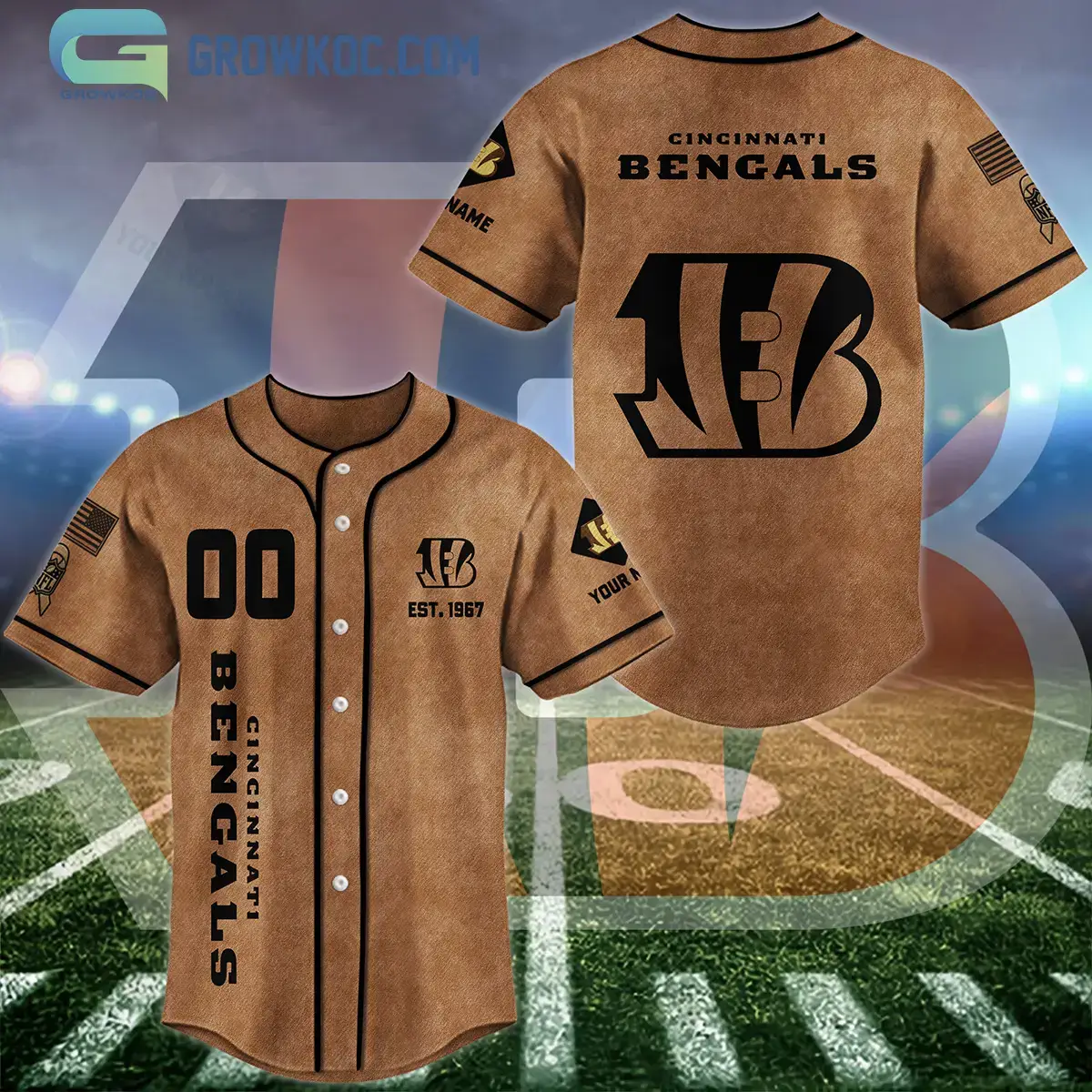 Cincinnati Bengals Brown American Flag Personalized Baseball Jersey Image