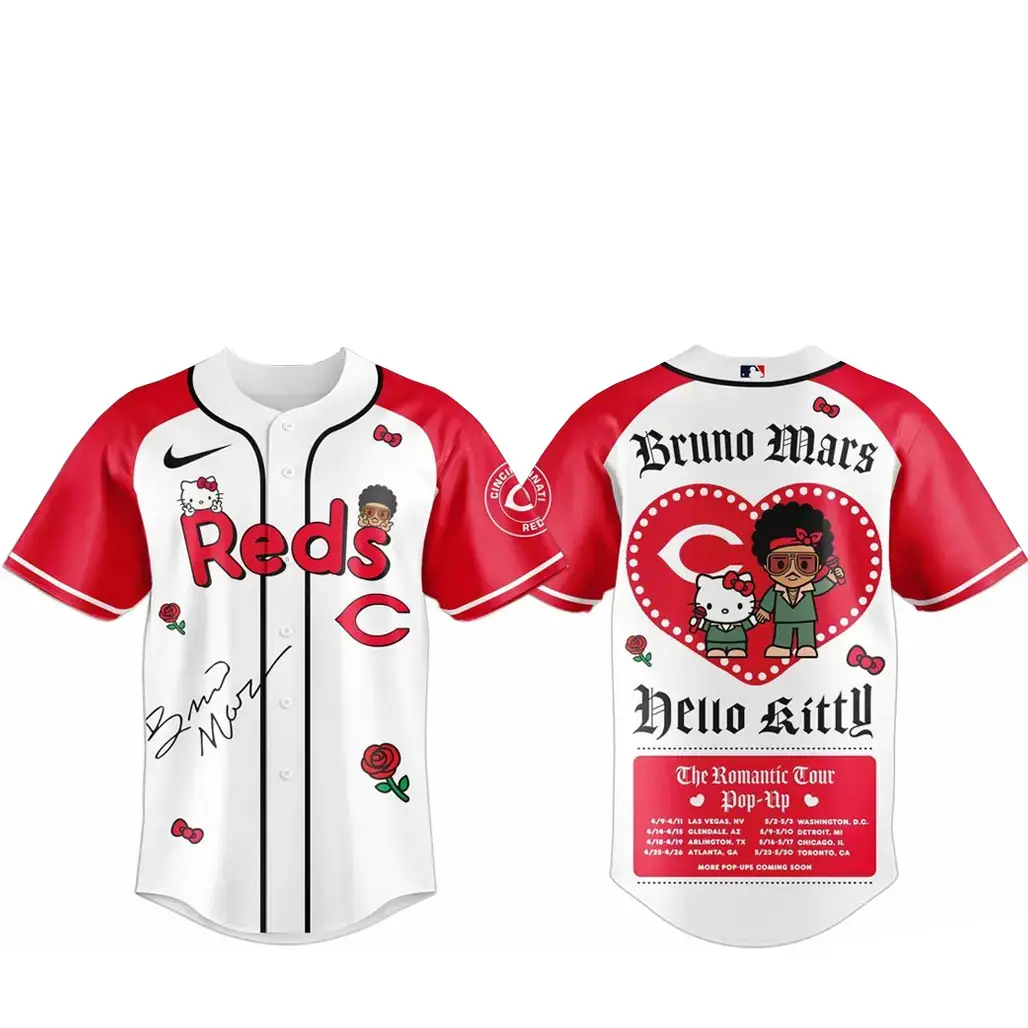 Cincinnati Reds Bruno Mars x Hello Kitty 2026 The Romantic Tour Baseball Jersey Image