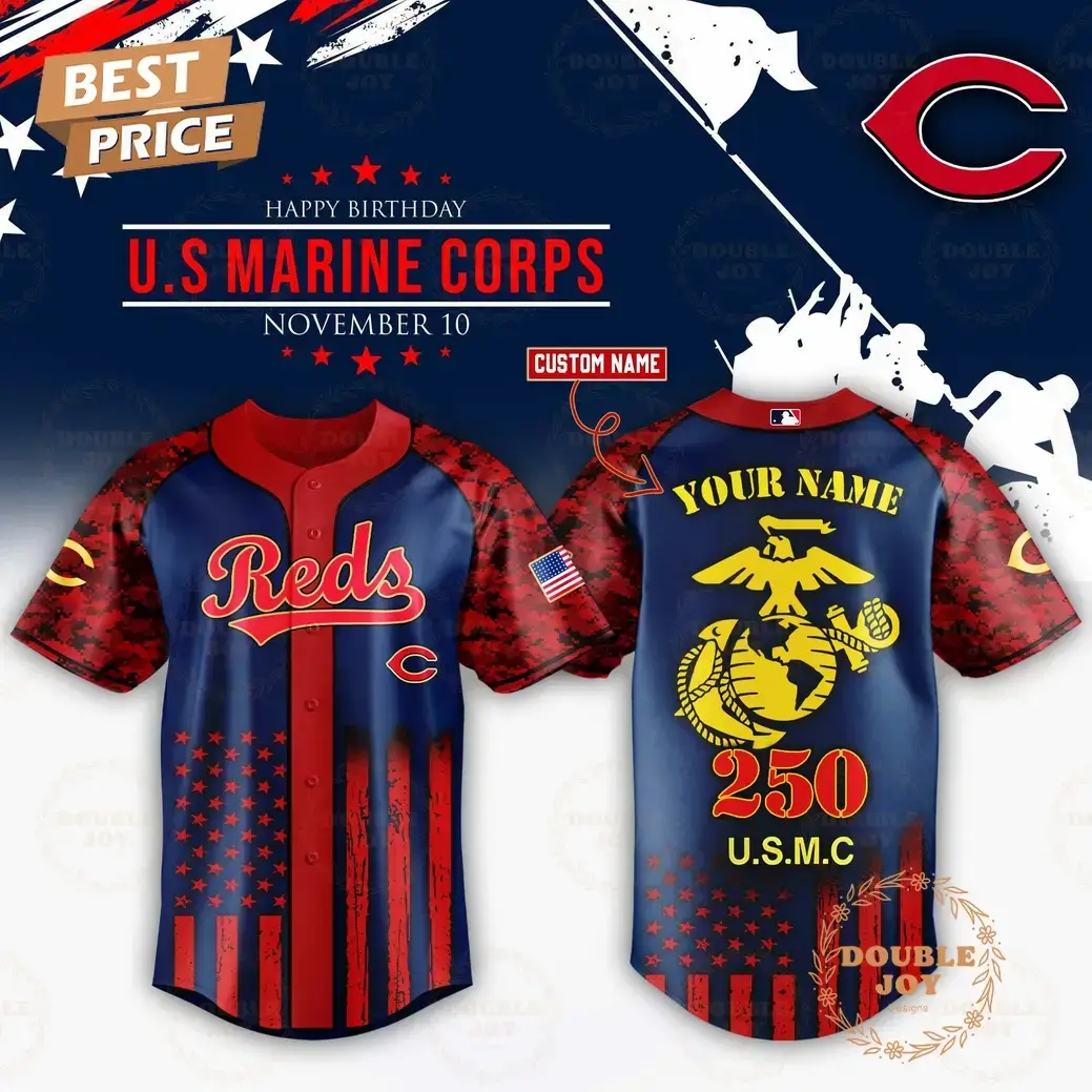 Cincinnati Reds x 250th Happy Birthday USMC Custom Name Baseball Jersey Image