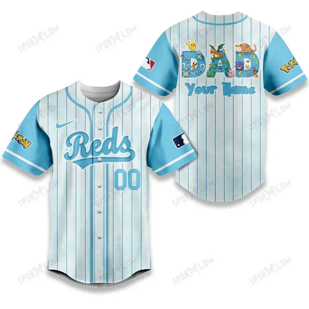 Cincinnati Reds X Pokemon Dad Pastel Blue Baseball Jersey Image