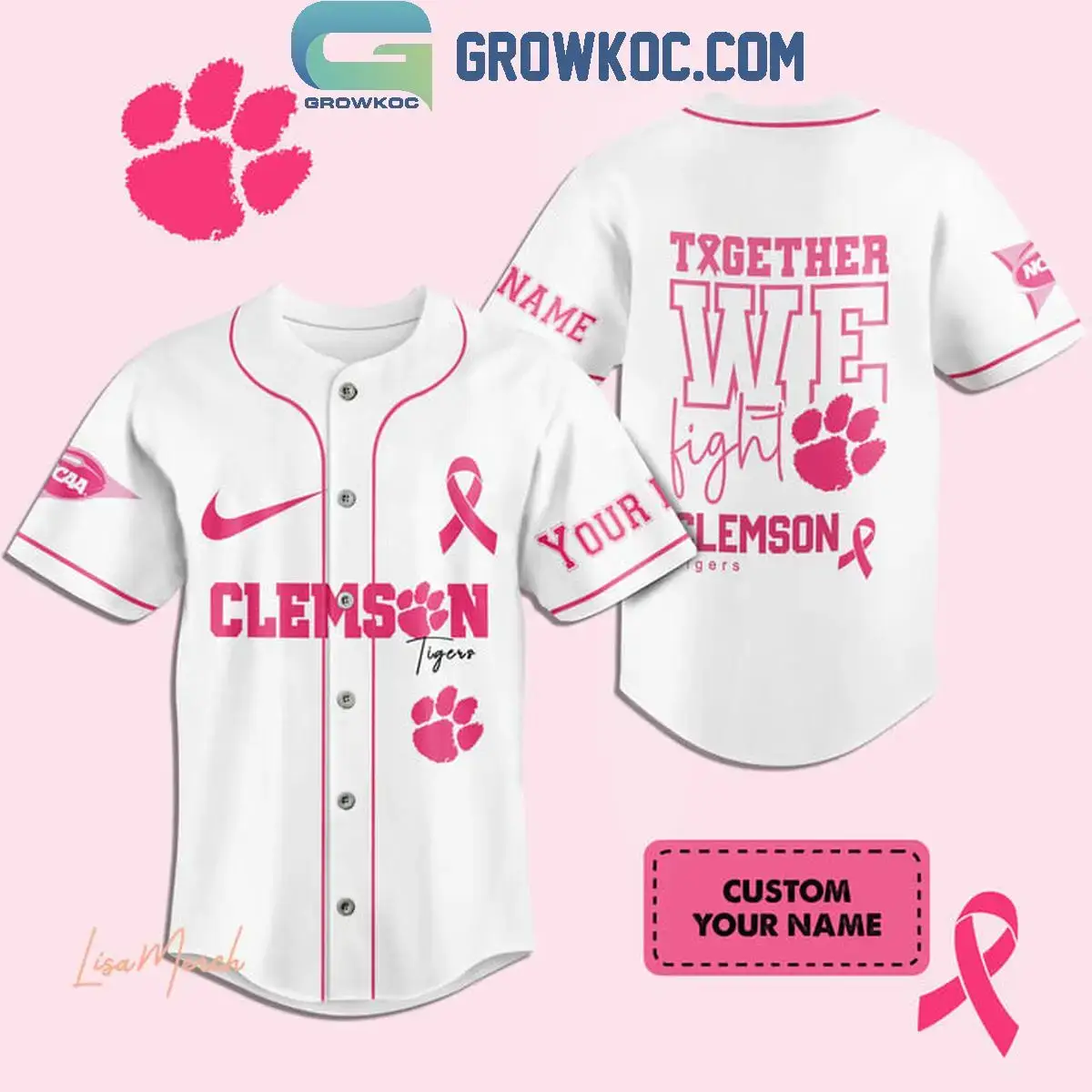 Clemson Tigers Together We Fight Breast Cancer Personalized Baseball Jersey Image