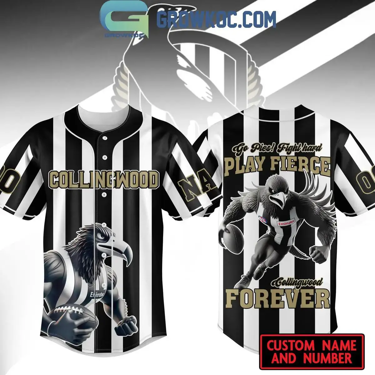 Collingwood Magpies Go Pies Fight Hard Play Fierce Forever Personalized Baseball Jersey Image
