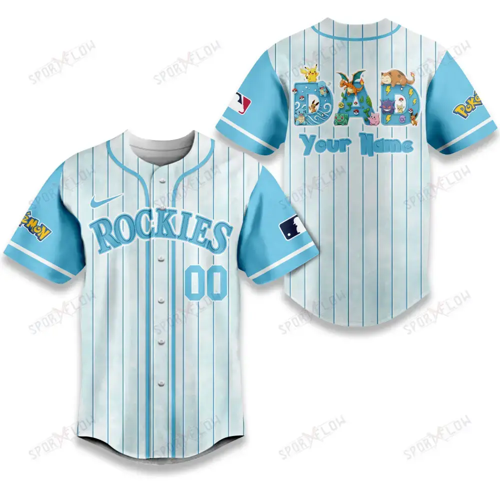 Colorado Rockies X Pokemon Dad Pastel Blue Baseball Jersey Image