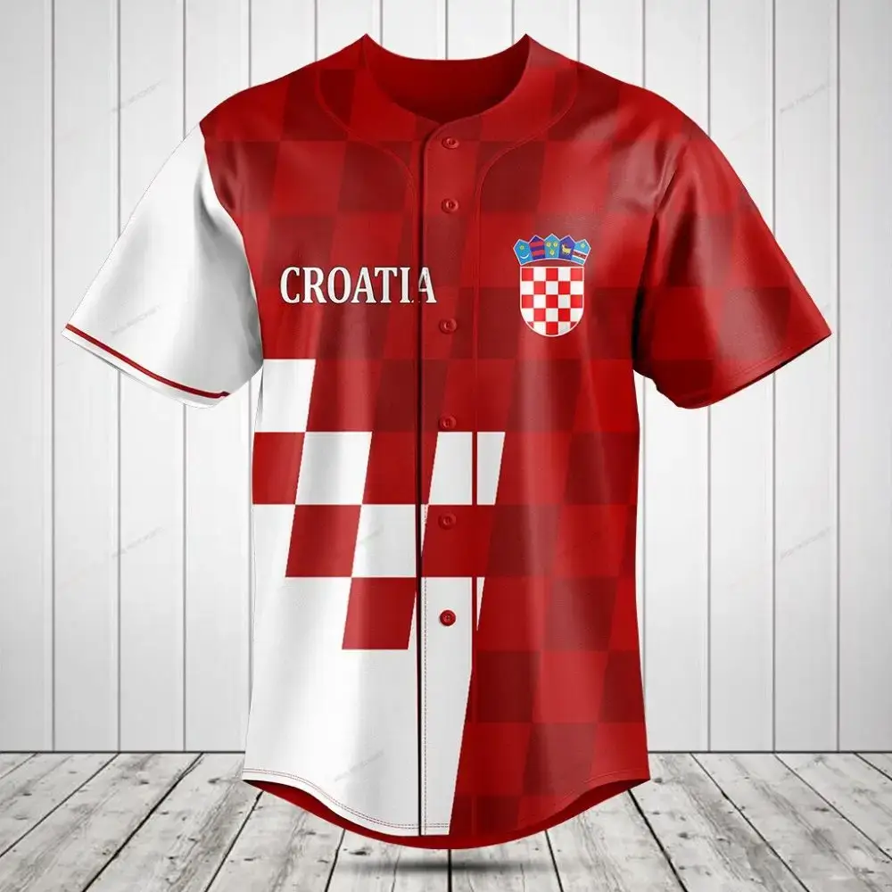 Croatia Baseball Jersey - Red & White Checkered Design, Unisex Sportswear Image