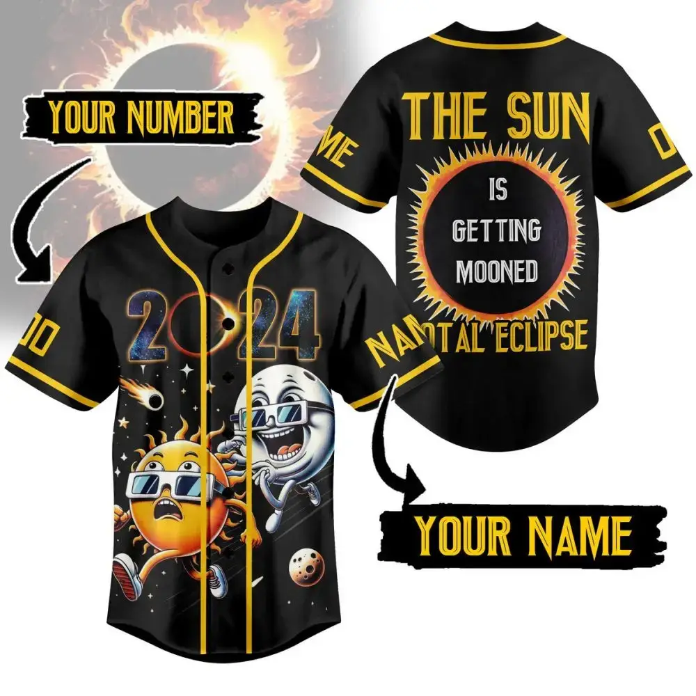 Custom 2024 Solar Eclipse Baseball Jersey - Personalized Name & Number - Fun Sun & Moon Design Image