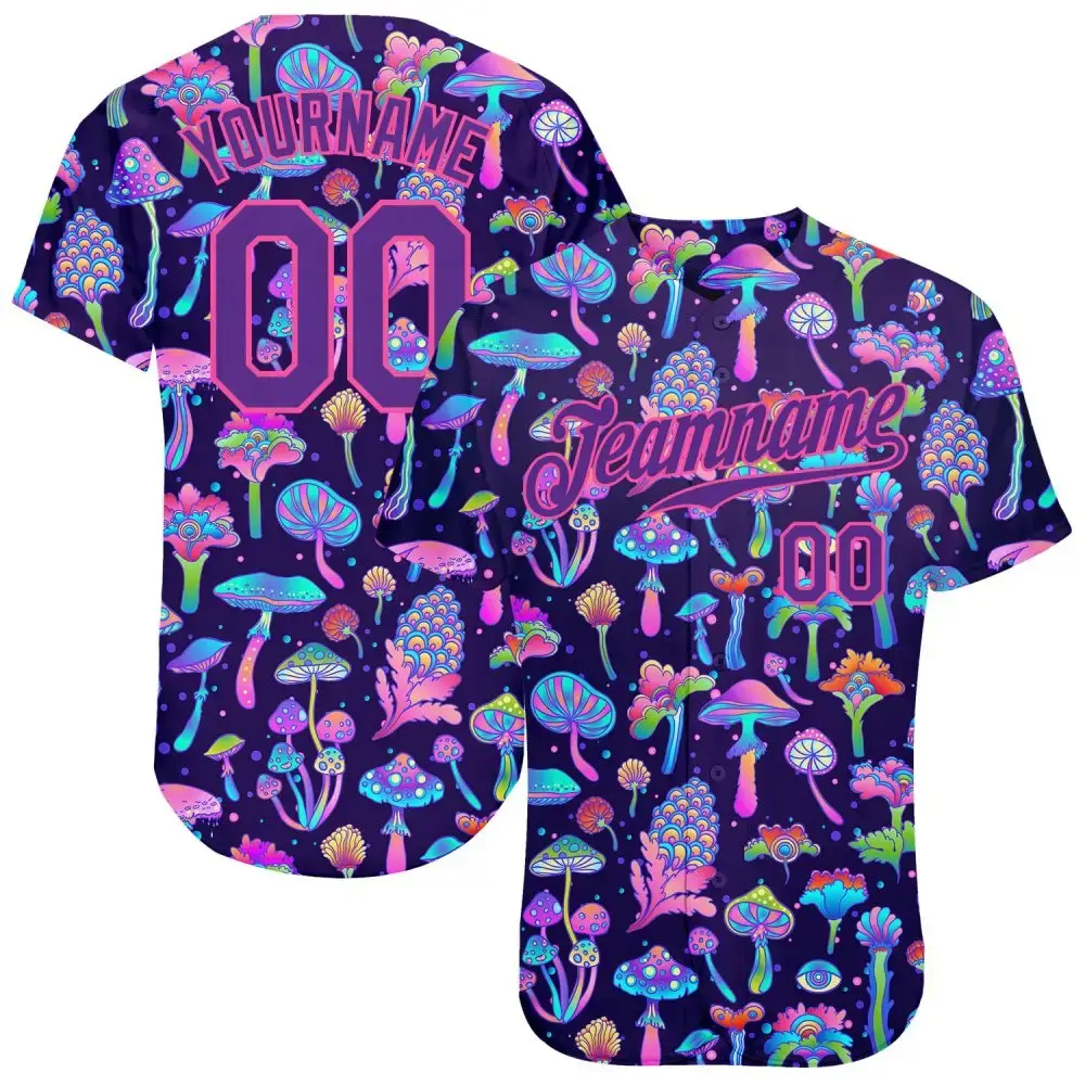 Custom 3D Pattern Design Colorful Flowers And Mushrooms Psychedelic Hallucination Authentic Baseball Jersey Image