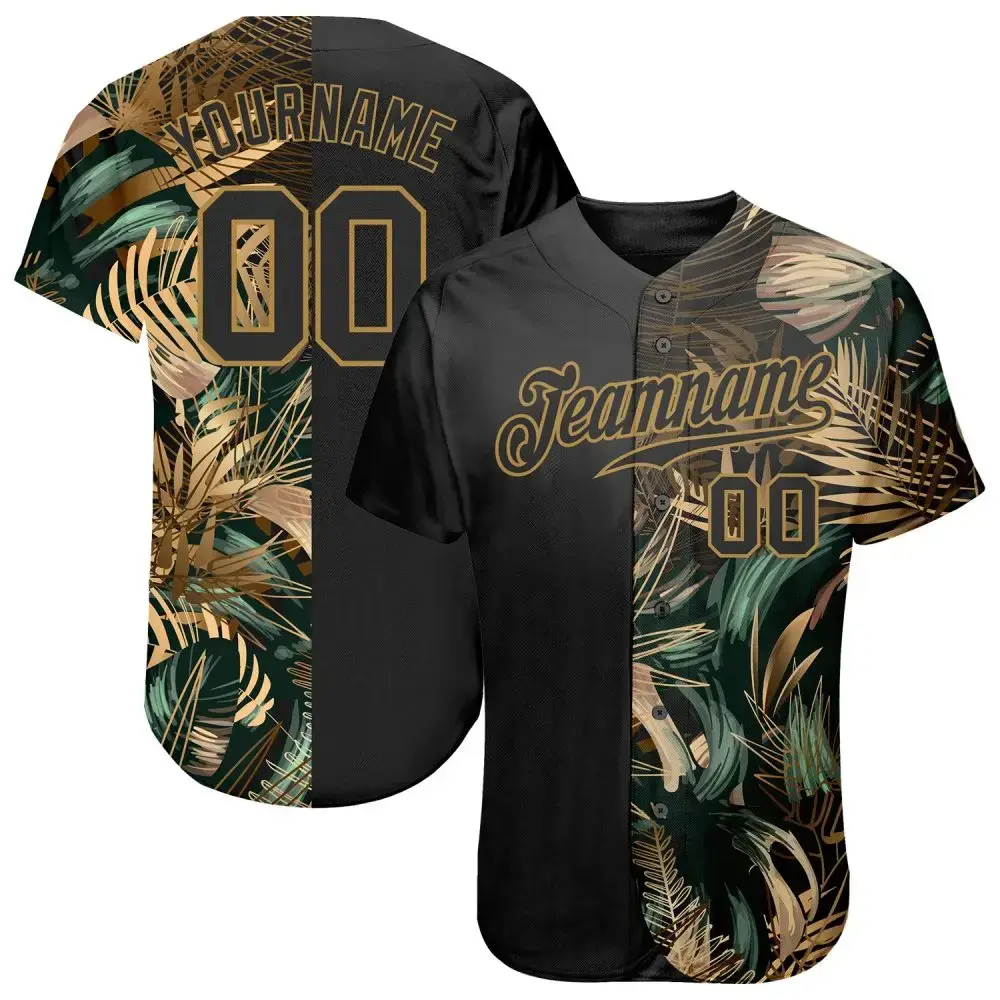 Custom 3D Pattern Design Golden And Green Tropical Leaves In The Style Of Jungle And Hawaii Authentic Baseball Jersey Image