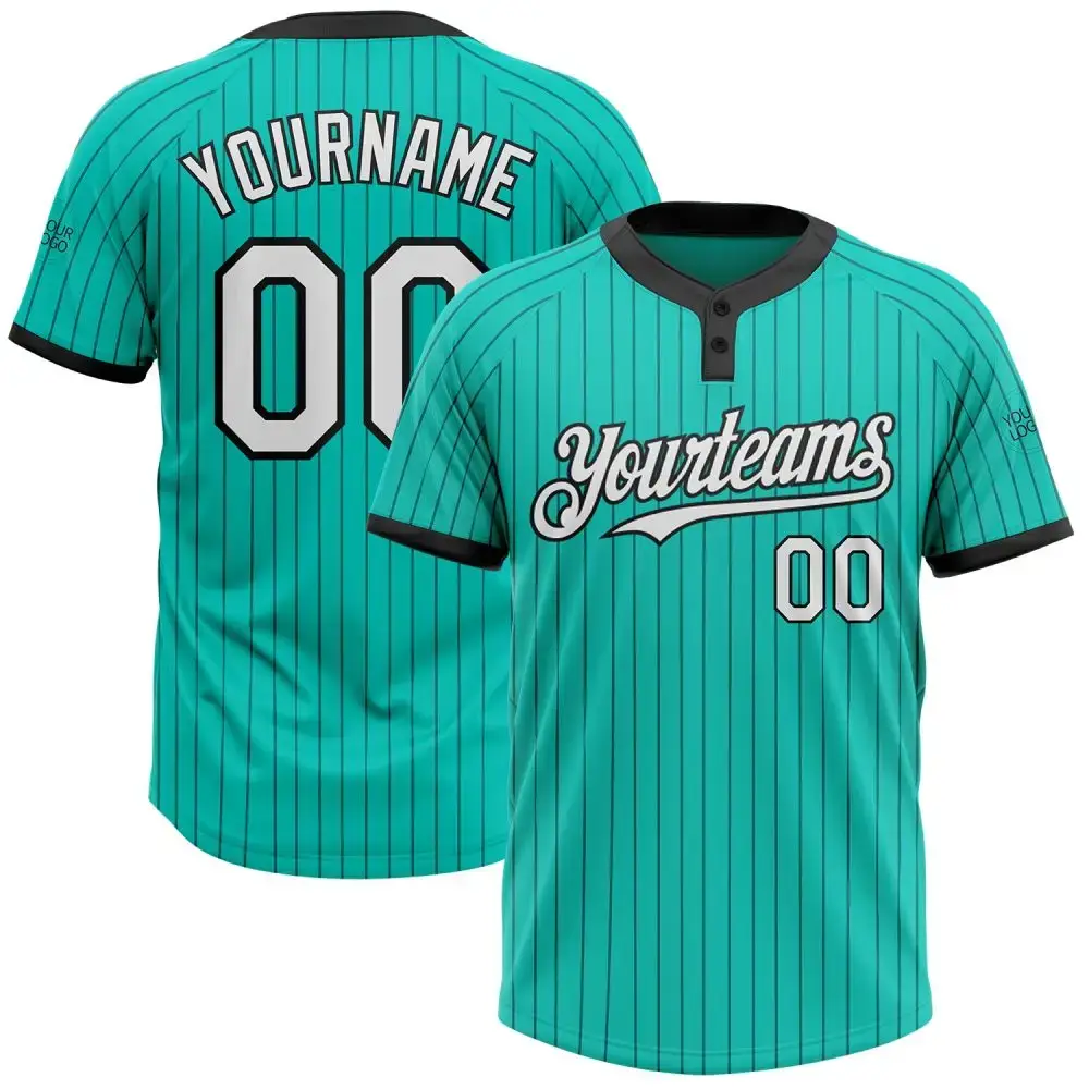 Custom Aqua Black Pinstripe White Two-Button Unisex Softball Jersey Image