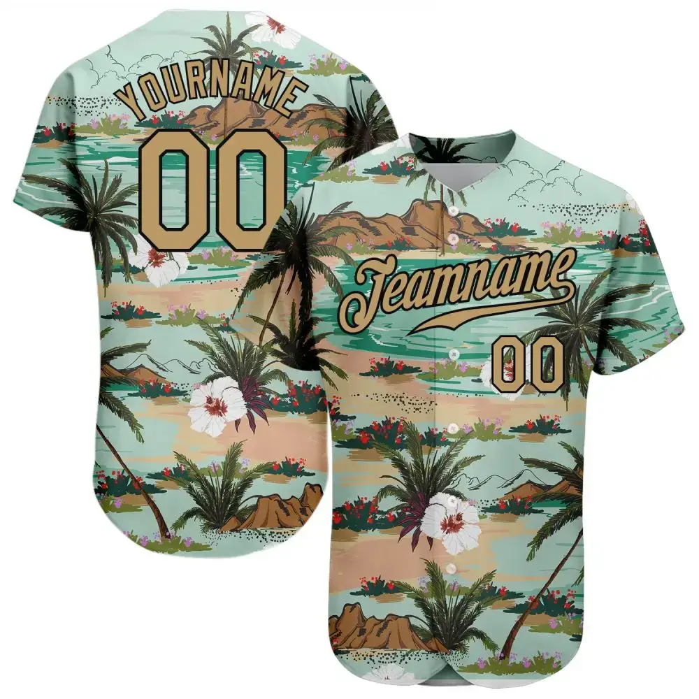 Custom Aqua Old Gold-Black 3D Pattern Design Hawaii Palm Trees And Flowers Authentic Baseball Jersey Image