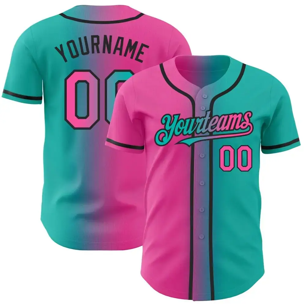 Custom Aqua Pink-Black Authentic Gradient Fashion Baseball Jersey Image