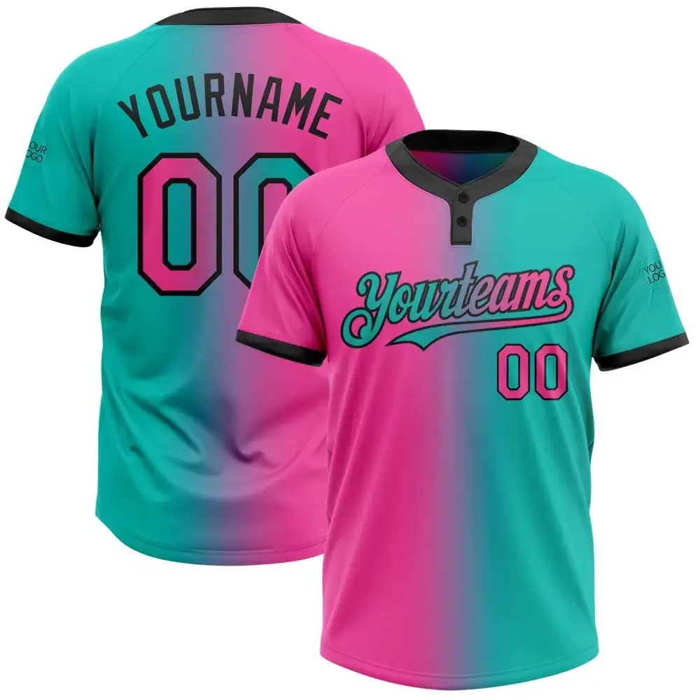 Custom Aqua Pink-Black Gradient Fashion Two-Button Unisex Softball Jersey Image