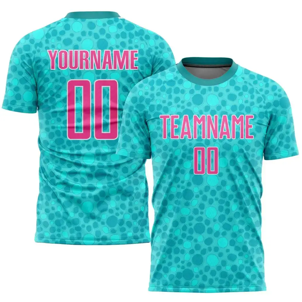 Custom Aqua Pink-White Sublimation Soccer Uniform Jersey Image