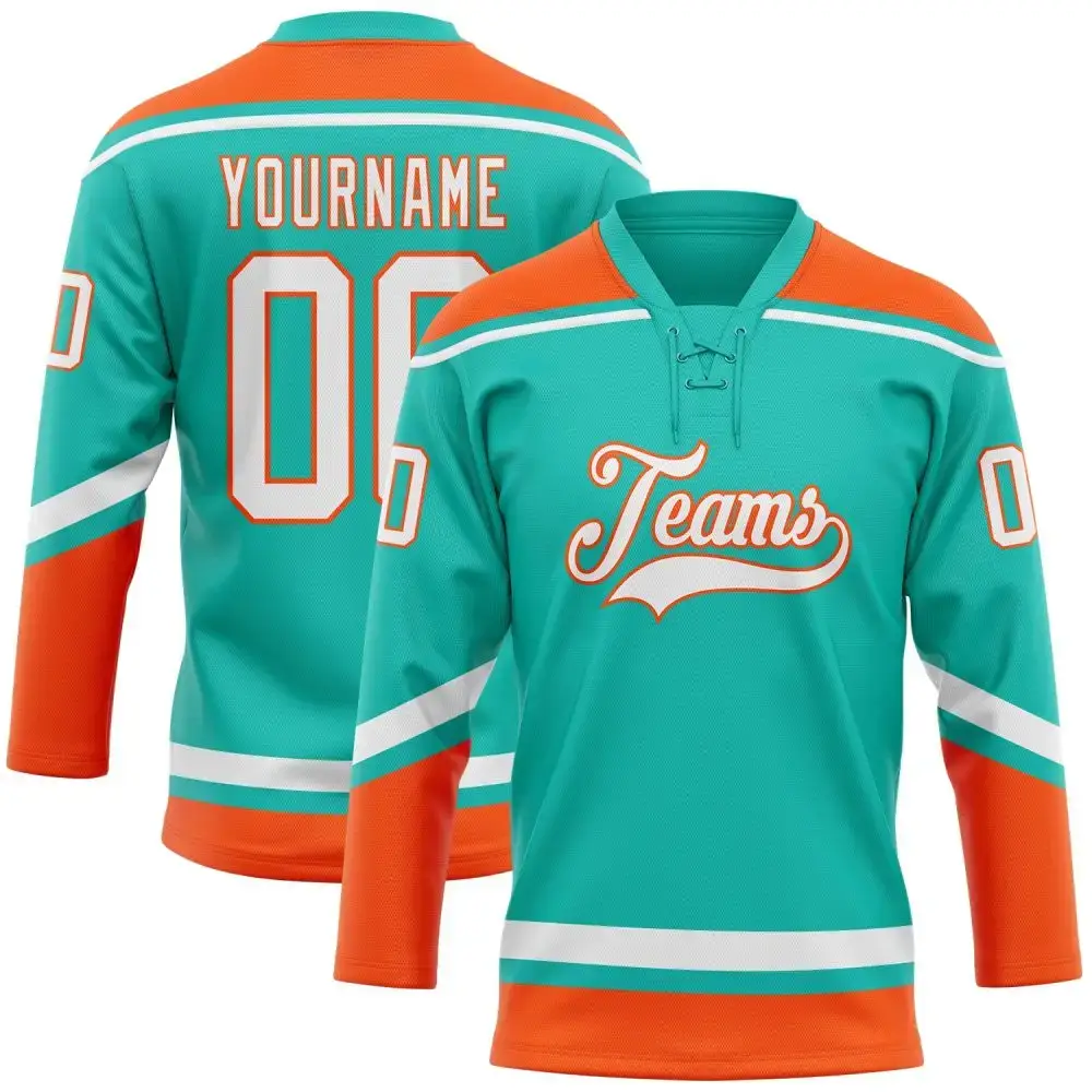Custom Aqua White-Orange Hockey Lace Neck Jersey Image