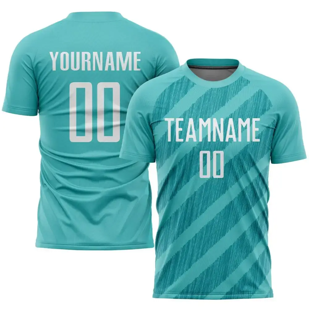 Custom Aqua White Sublimation Soccer Uniform Jersey Image