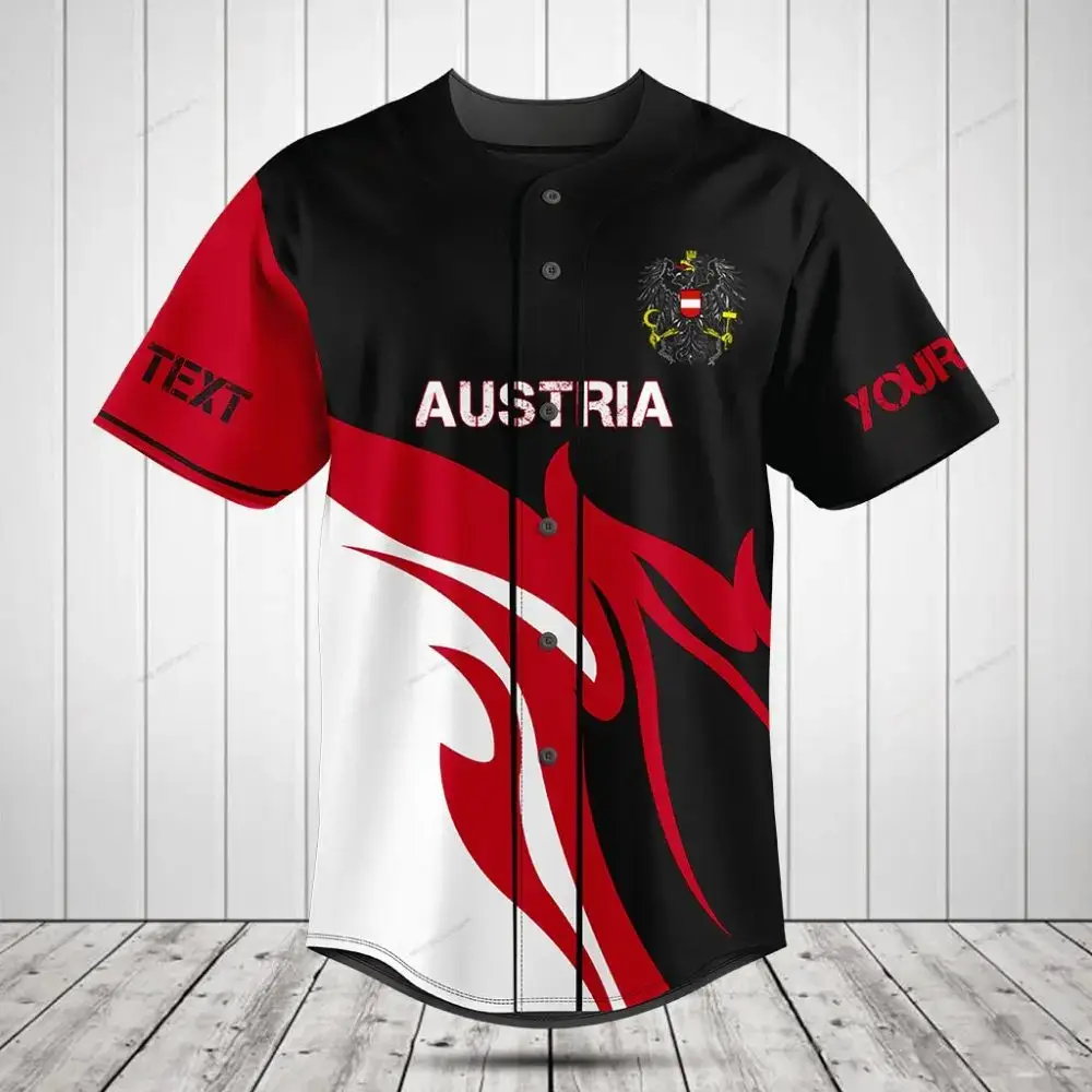 Custom Austria Flag Baseball Jersey – Stylish Red & Black Design With Personalized Text Image