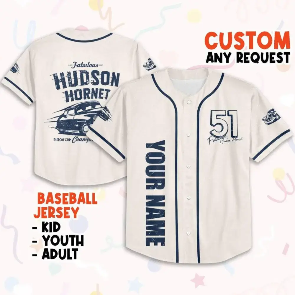Custom Baseball Jersey – Personalized Name & Number For Kids, Youth, Adults – Hudson Hornet Design Image