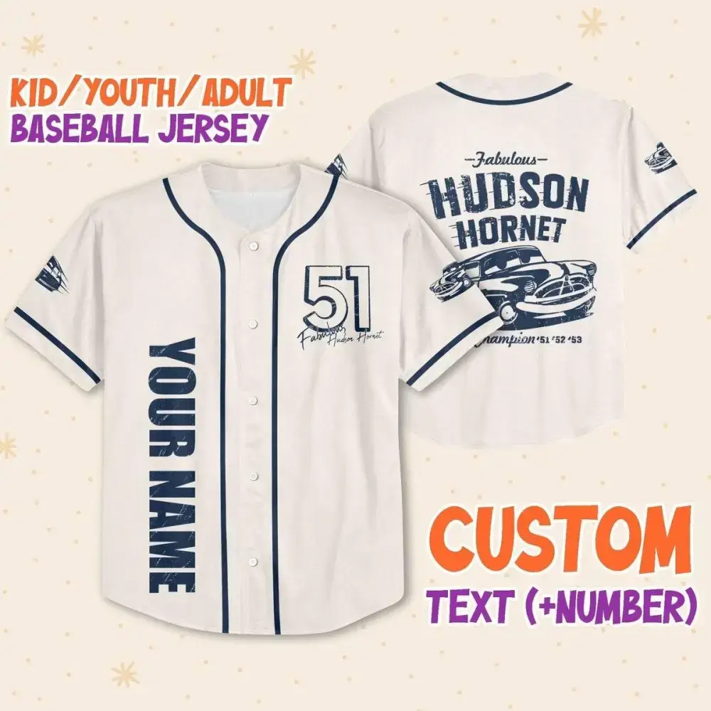 Custom Baseball Jersey For Kids/Youth/Adults – Personalize Name & Number, Vintage Hudson Hornet Design Image