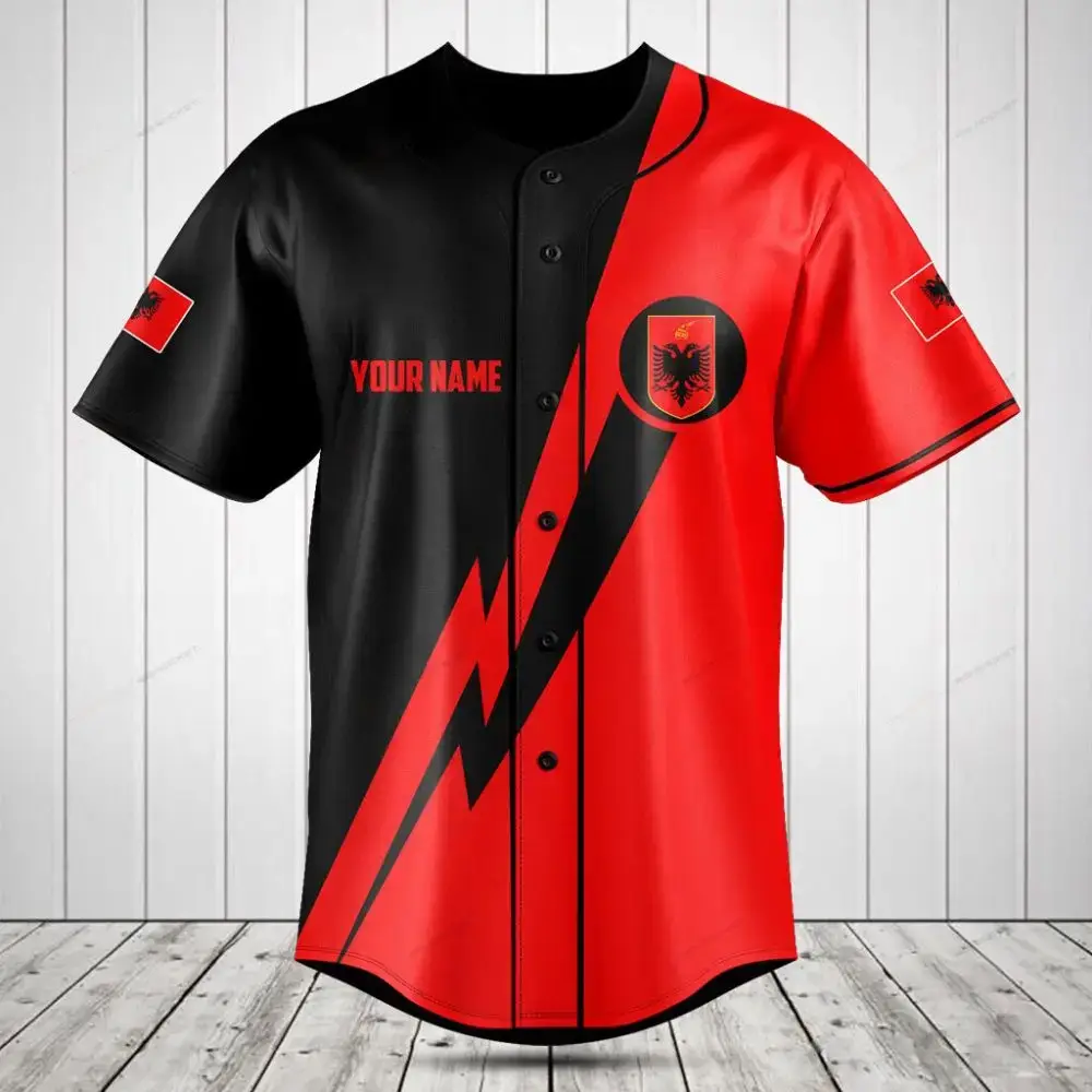 Custom Black & Red Baseball Jersey With Flag Design – Personalize Your Name Today! Image