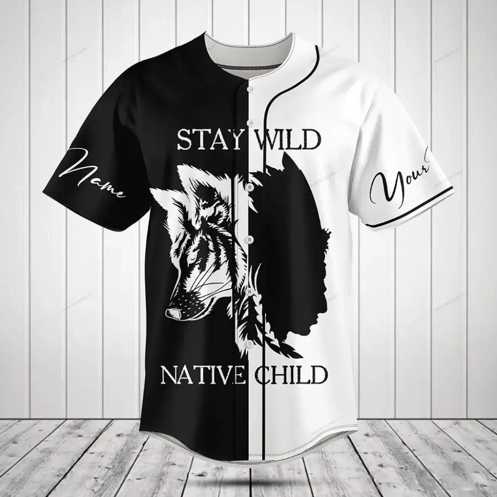 Custom Black & White Baseball Jersey - Stay Wild Native Child Wolf Design Image