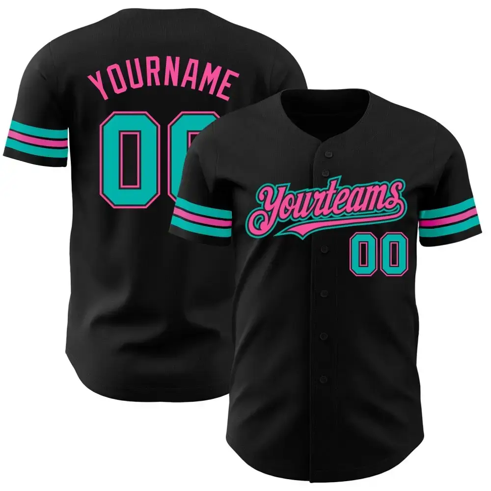 Custom Black Aqua-Pink Authentic Baseball Jersey Image