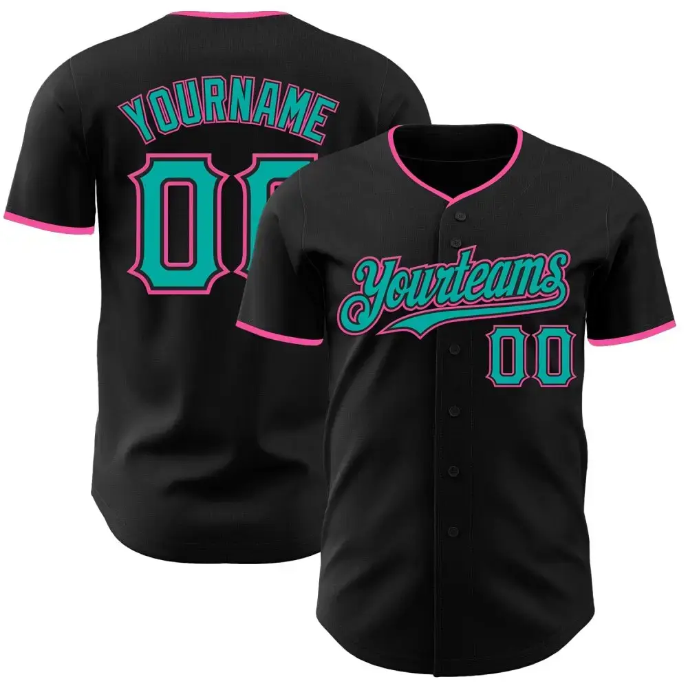 Custom Black Aqua-Pink Authentic Baseball Jersey Image