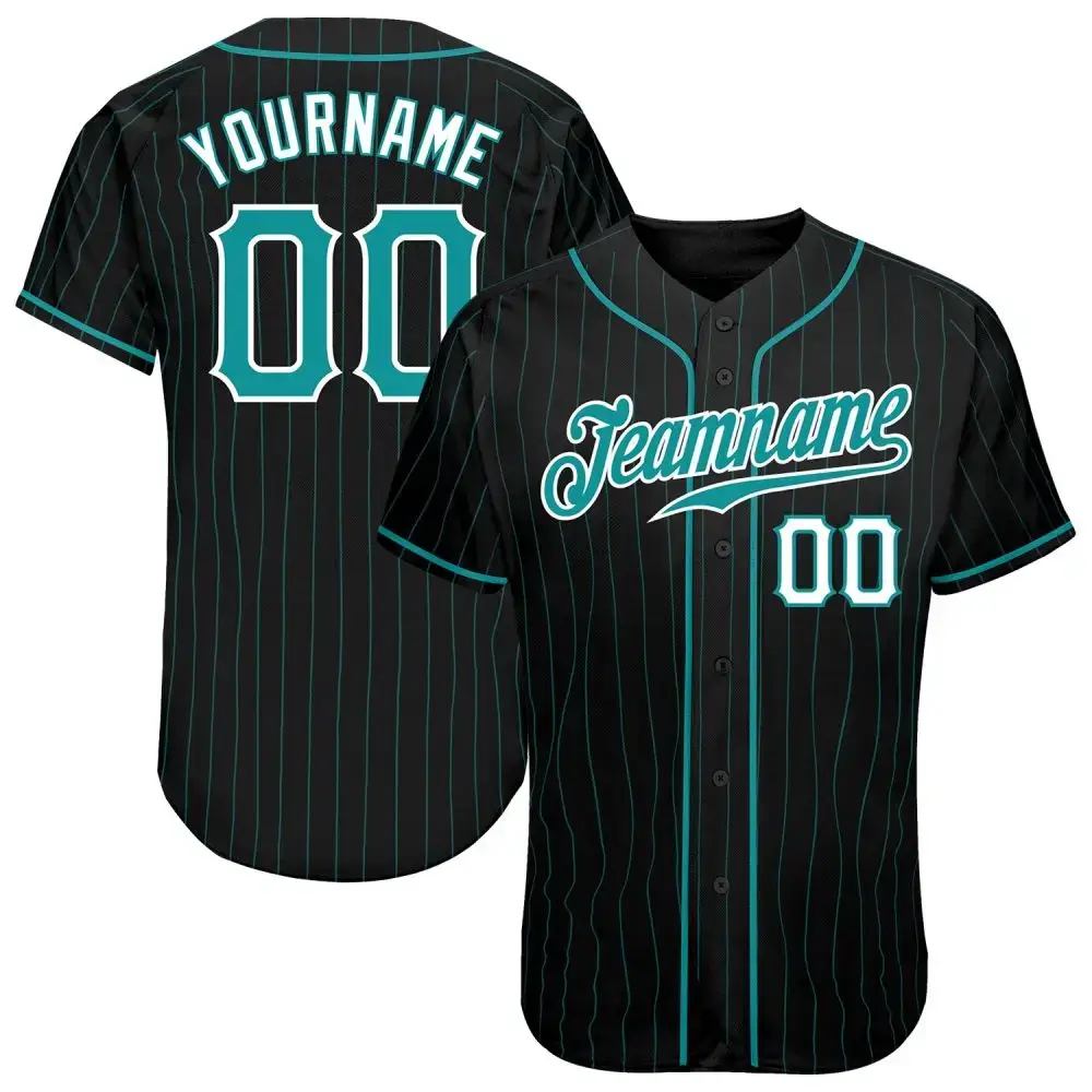 Custom Black Aqua Pinstripe Teal-White Authentic Baseball Jersey Image