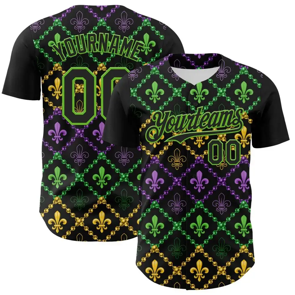 Custom Black Aurora Green 3D Pattern Design Mardi Gras Shrove Tuesday Authentic Baseball Jersey Image