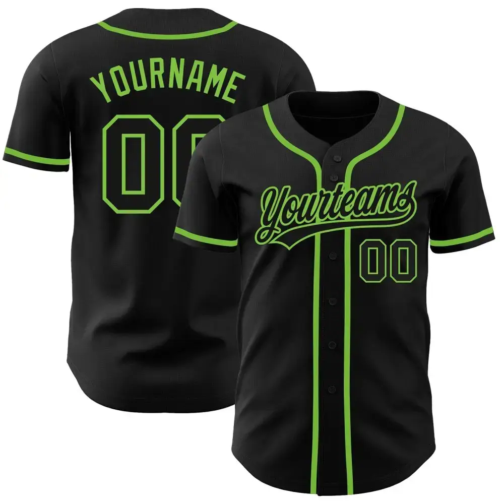 Custom Black Black-Neon Green Authentic Baseball Jersey Image